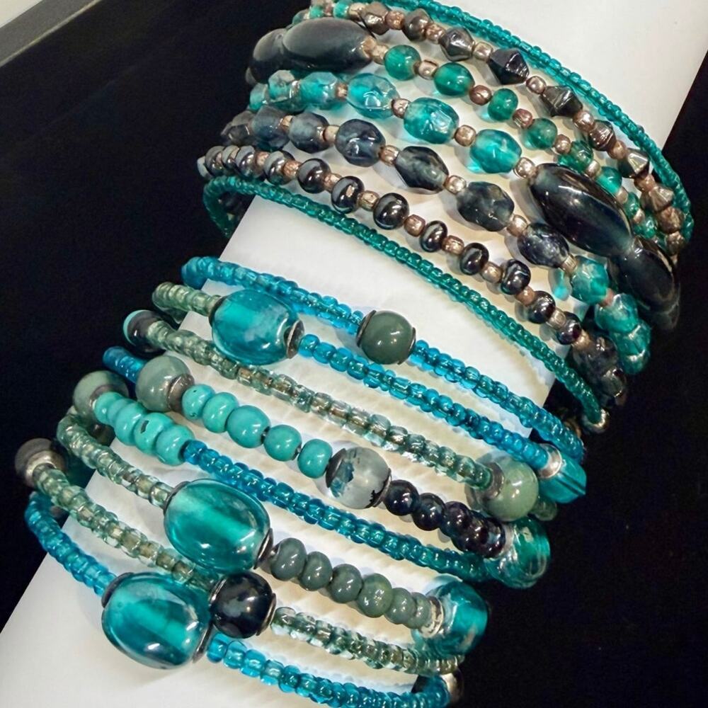 Turquoise‑Tone Beaded Stretch Bracelets – Boho Stack Set (2 Bracelets)
